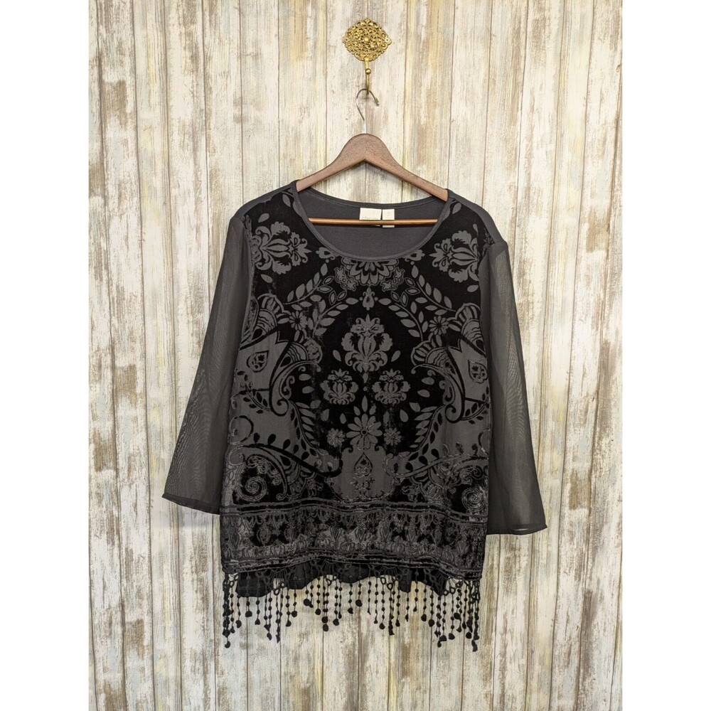 Chico's Black Burnout Velvet Top Fringe Goth Witchy Festival Size 2 / Large